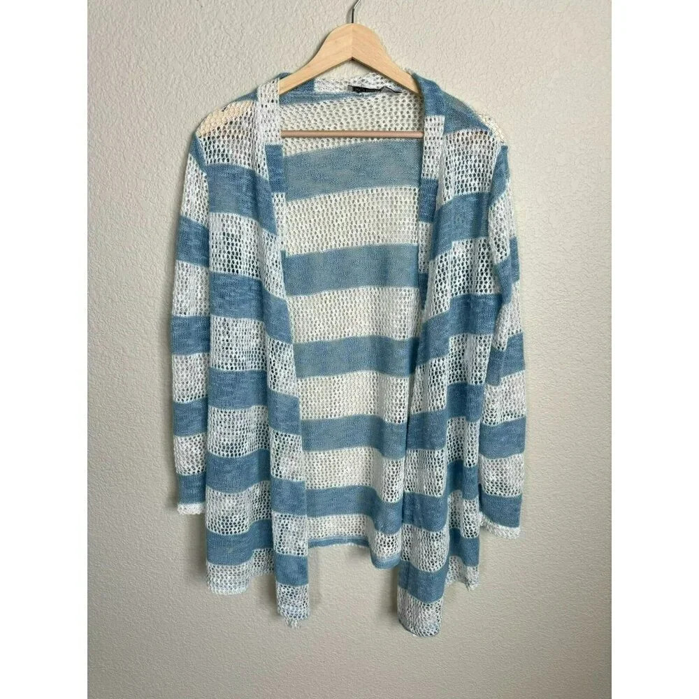 Retro Threads Open Knit Cardigan Size medium blue white striped crochet Boho